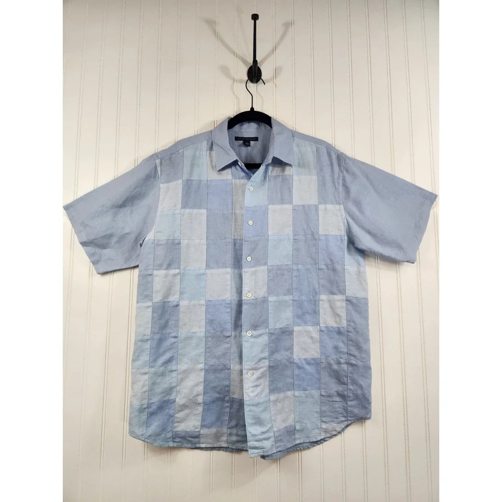 Banana Republic Men Blue Patchwork Linen Cotton Short Sleeve Button Down Shirt M